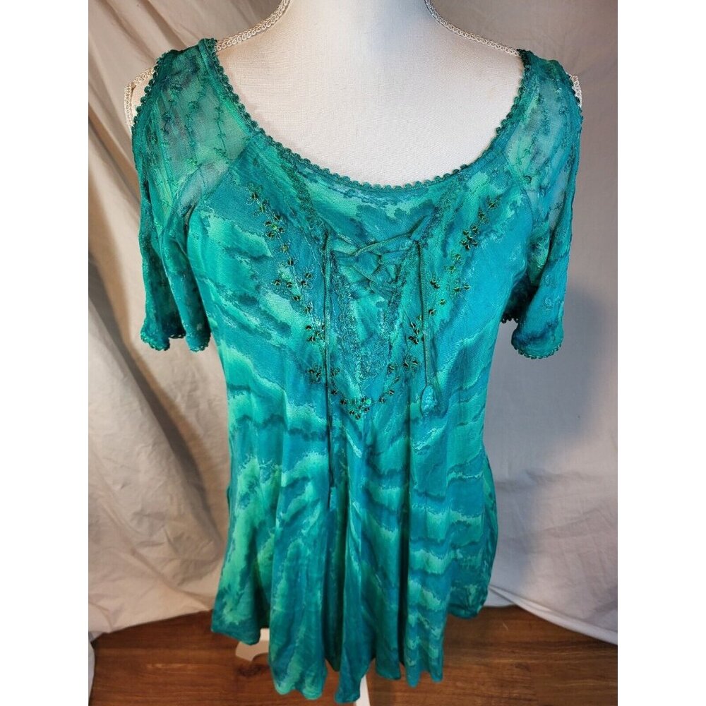 Sakkas Top Womens One Size Green Mixed‎ Media Tie Neck Boho Peasant Hippie